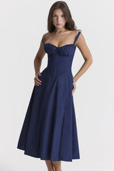 Vintage Fit & Flare Midi-Sommerkleid mit Schnürung vorne und Schnürung hinten - Marineblau